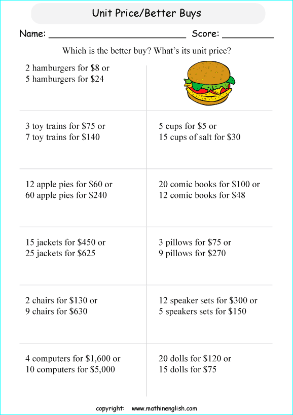 unit rates proportions math worksheets for grade 1 to 6 