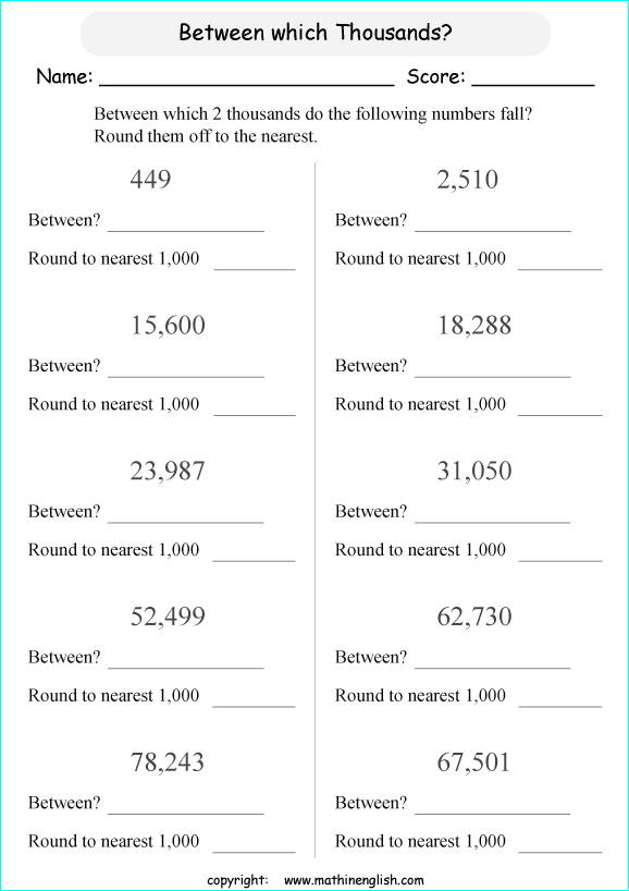 printable math rounding off the nearest 1,000 worksheets for kids in primary and elementary math class 