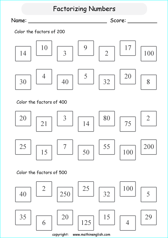 listing multilpes and factors worksheets for grade 1 to 6 