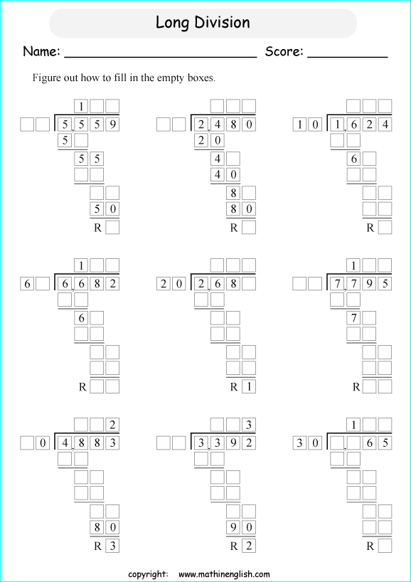 printable multiples big number long division worksheets for kids in primary and elementary math class 