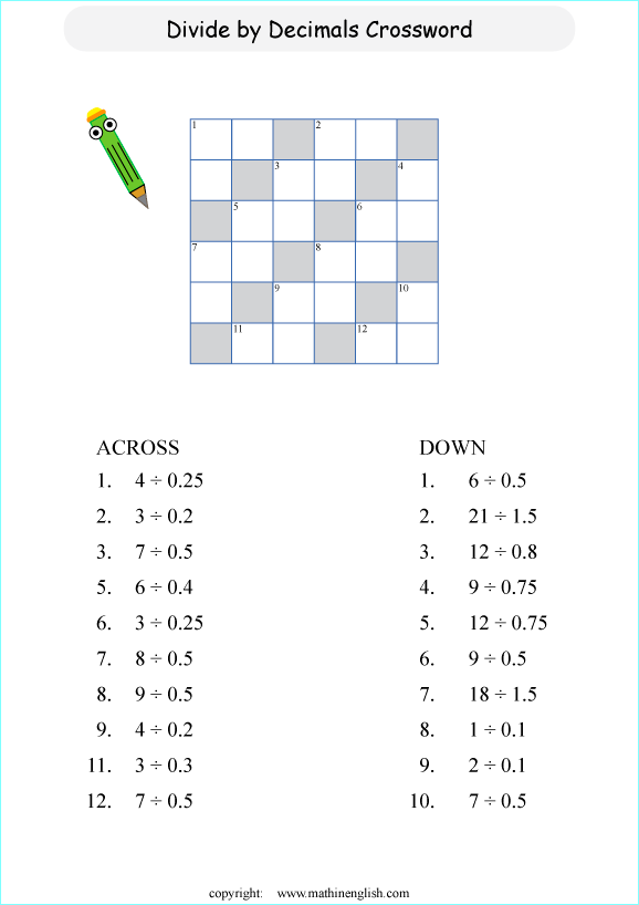 decimal crossword puzzle worksheets for grade 1 to 6 