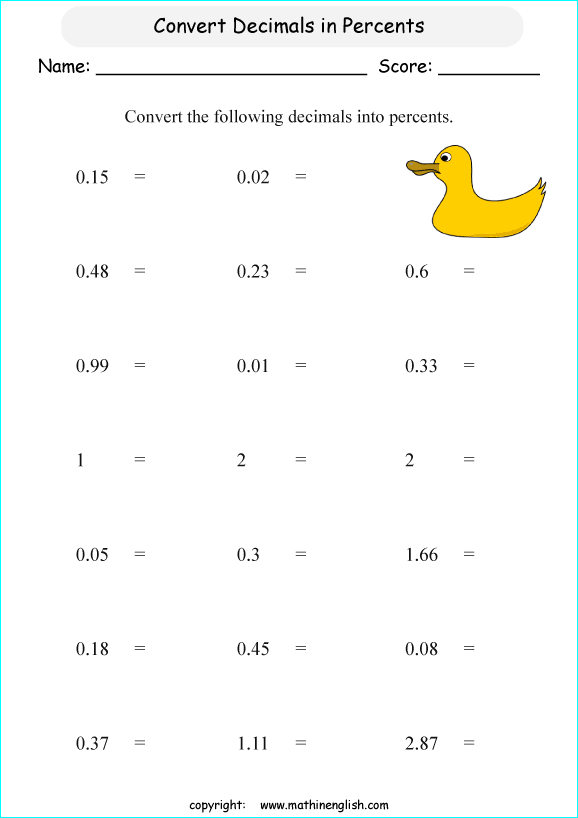 percentage decimals conversion math worksheets for grade 1 to 6 
