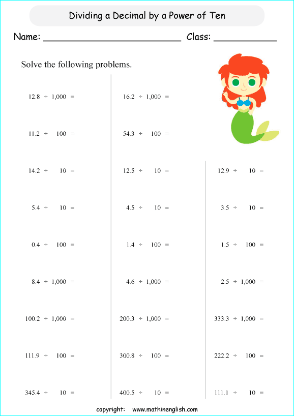 printable math dividing decimals worksheets for kids in primary and elementary math class 