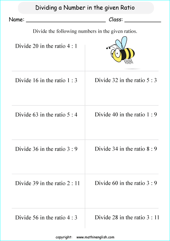 Divide the following basic numbers in the given ratios. Grade 5 ratio