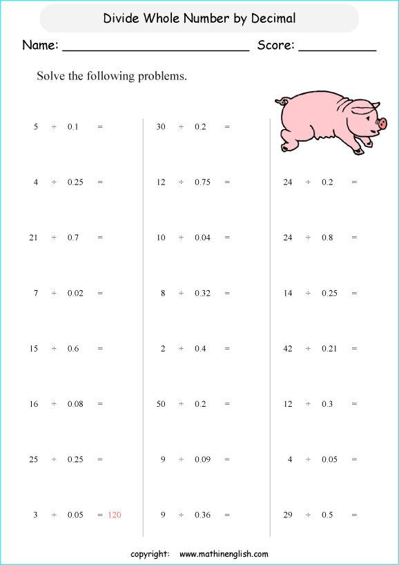 dividing decimals worksheets for grade 1 to 6 