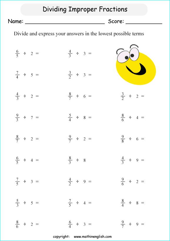 printable dividing fractions worksheets for kids in primary and elementary math class 