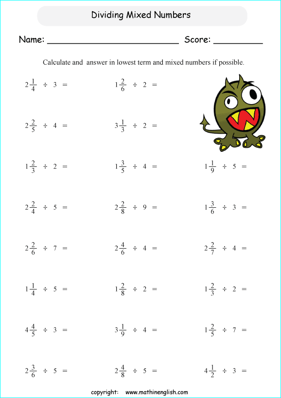 Divide Mixed Numbers By Whole Numbers Math Fraction Worksheet For Math Class 5 Students This 