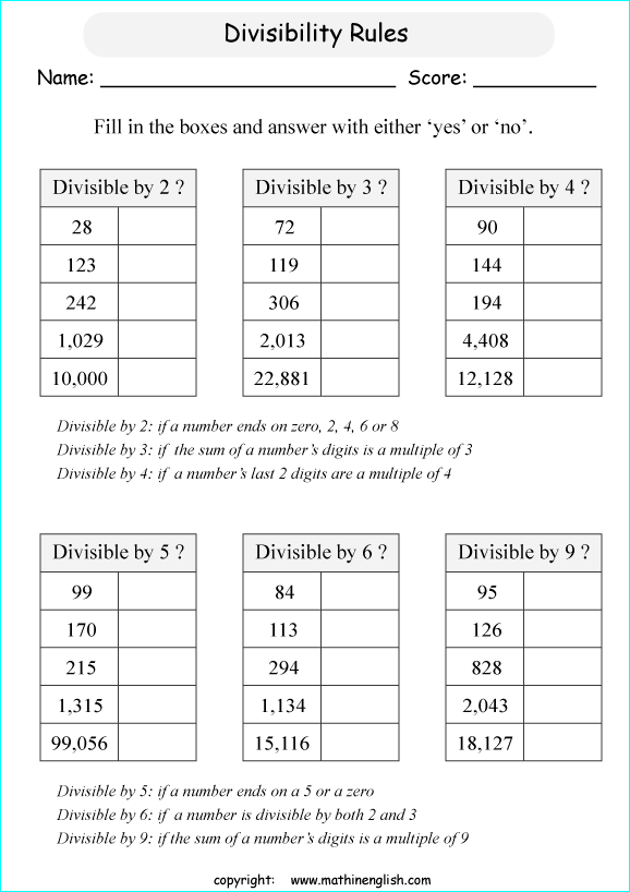 printable math divisibility rules worksheets for kids in primary and elementary math class 