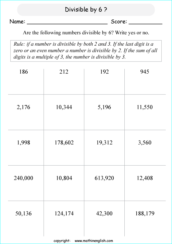 Numbers Divisible By 6 Worksheet