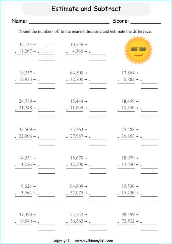 Estimate the outcome of these subtraction exercises within 100,000. 5