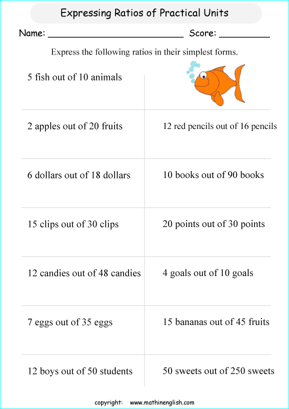 fiding ratios math worksheets for grade 1 to 6 