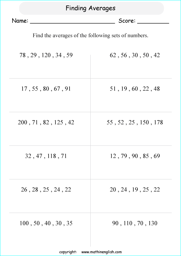 Finding The Average Of A Set Of Numbers Worksheet