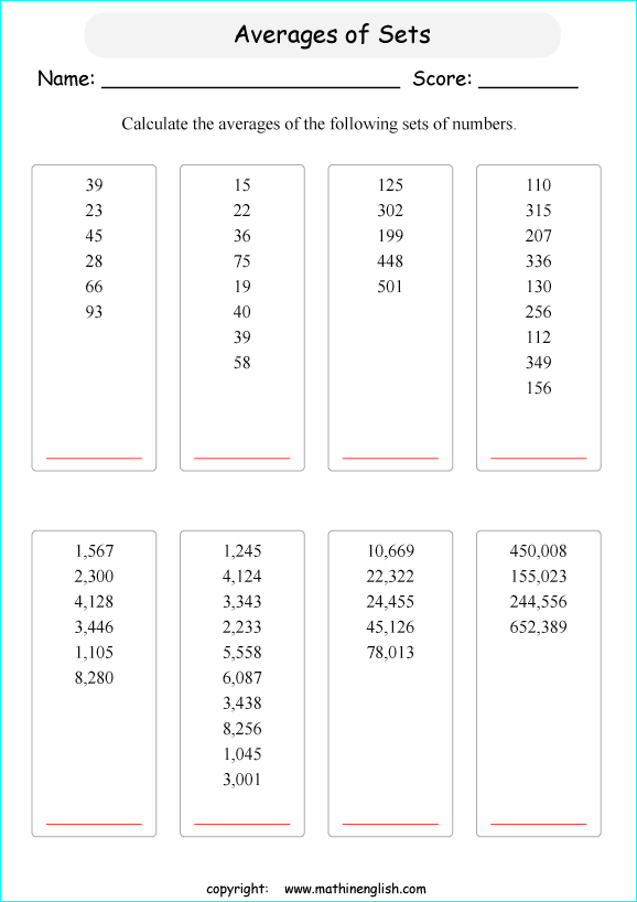 average calculations worksheets for grade 1 to 6 