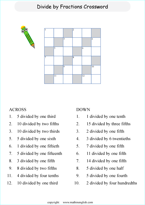 printable fractioncrossword puzzle  worksheets for kids in primary and elementary math class 