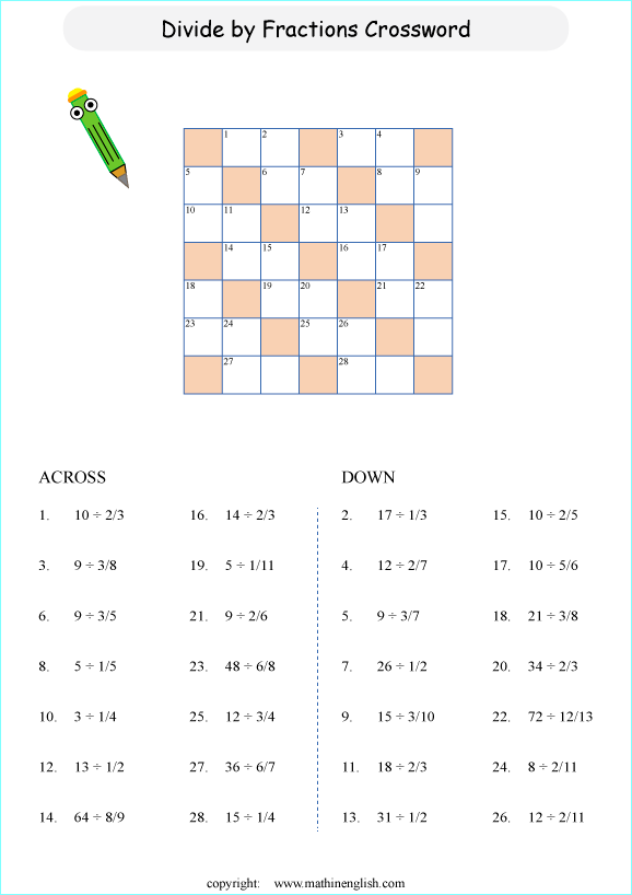 printable fractioncrossword puzzle  worksheets for kids in primary and elementary math class 