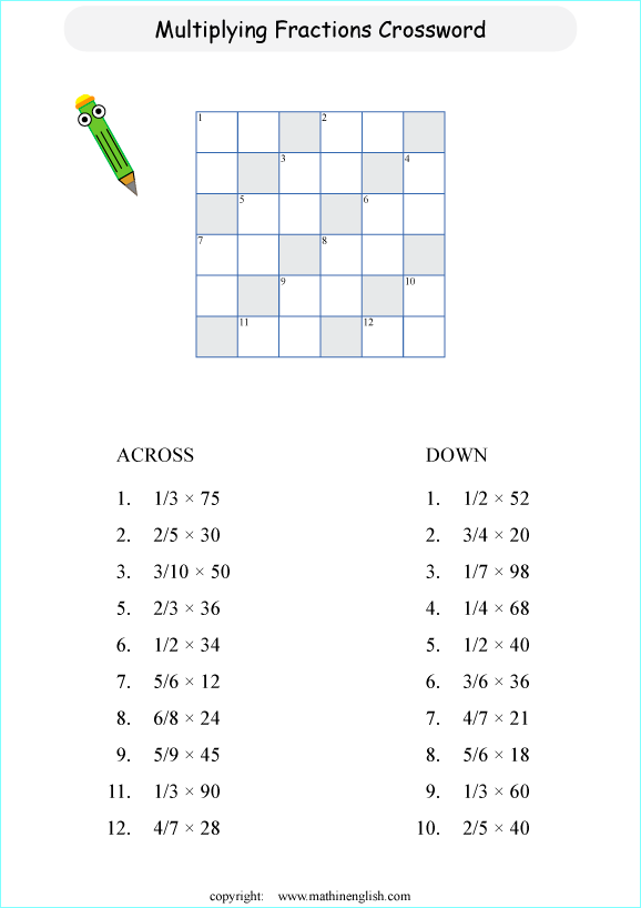 printable fractioncrossword puzzle  worksheets for kids in primary and elementary math class 