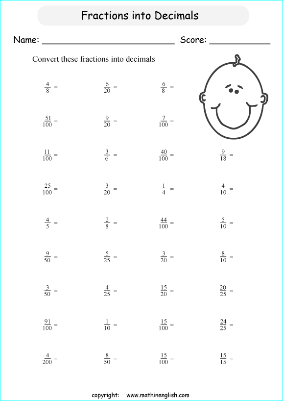 printable fraction conversion in decimals worksheets for kids in primary and elementary math class 