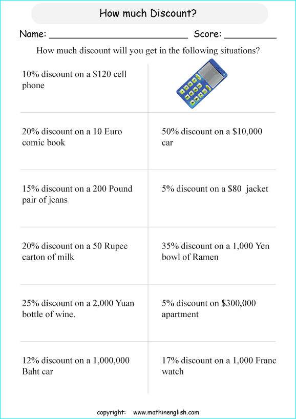 Math discount worksheet for grade 5 math students. Calculate the