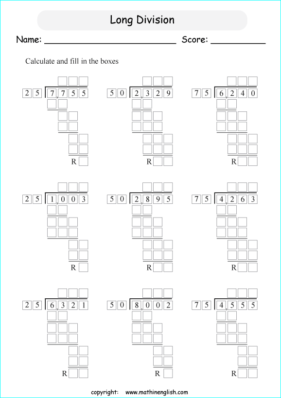 printable multiples of 10 and 25 easier long division worksheets for kids in primary and elementary math class 