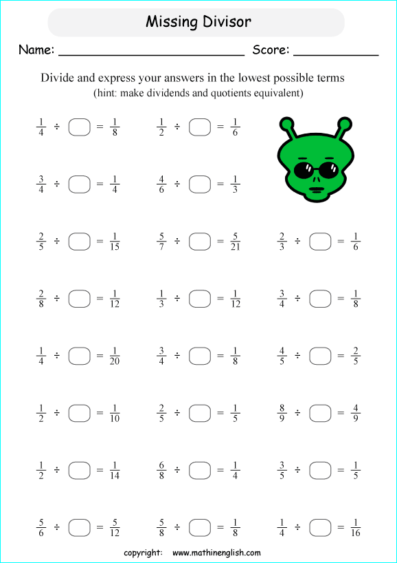 printable dividing fractions worksheets for kids in primary and elementary math class 