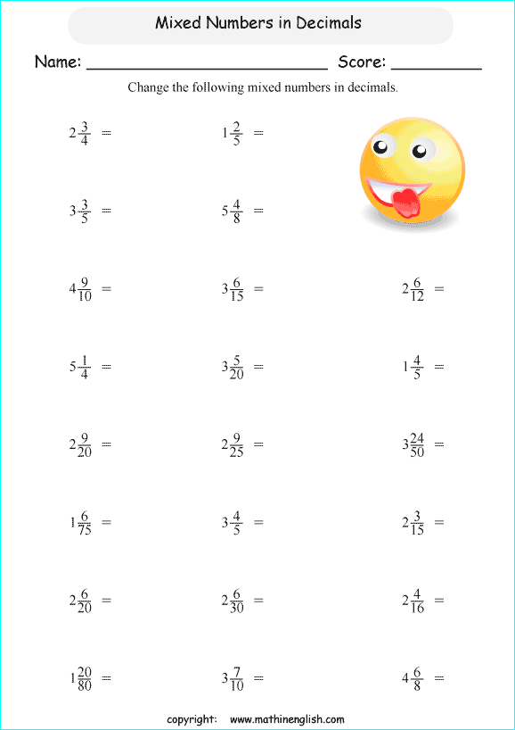Convert These Mixed Numbers In Decimal Numbers Math Worksheet For Grade 5 Math Students Based On 