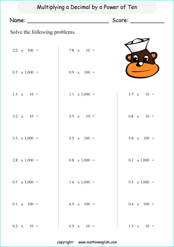 multiplying decimals grade 1 to 6 printable  worksheets 