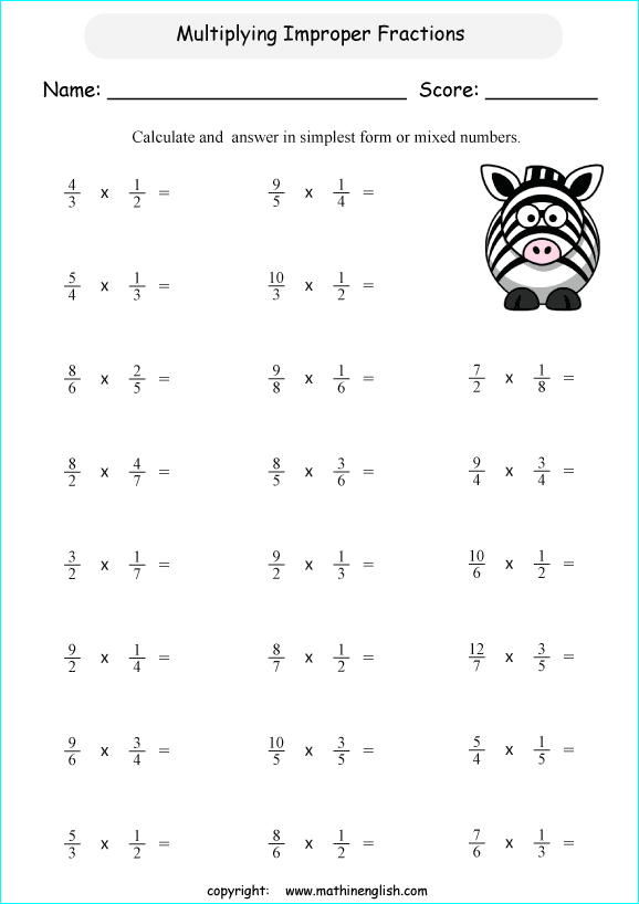 Multiply Improper fractions by fraction math worksheet for fifth grade