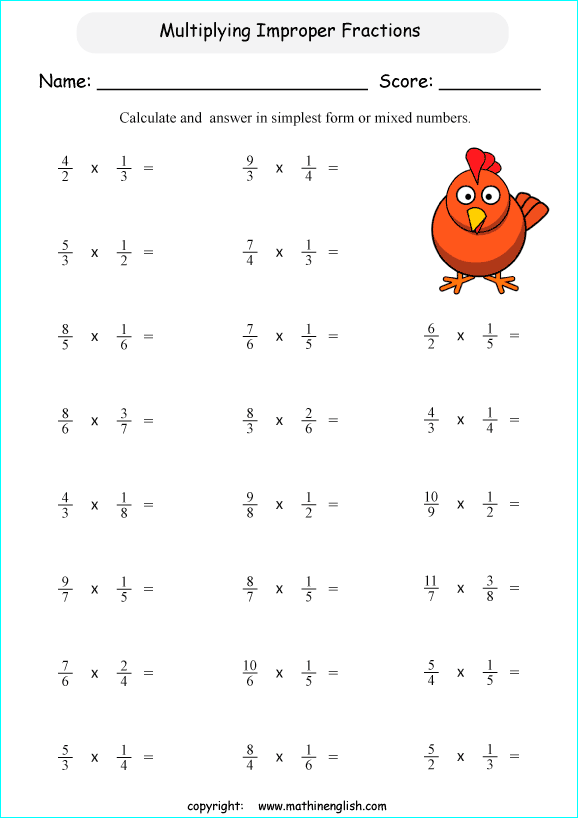 Multiply Improper fractions by fraction math worksheet for fifth grade