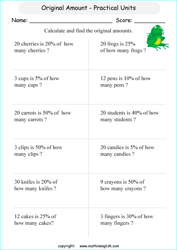 original amount percentage math worksheets for grade 1 to 6 