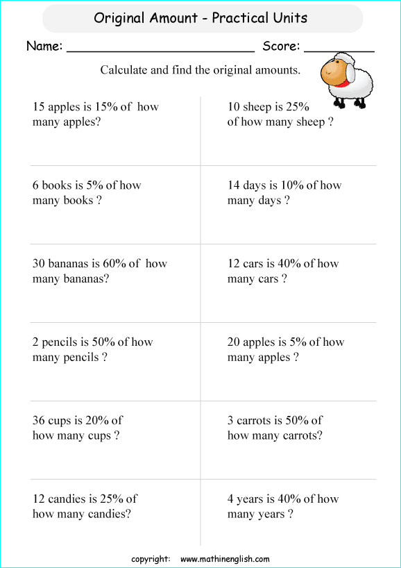 original amount percentage math worksheets for grade 1 to 6 