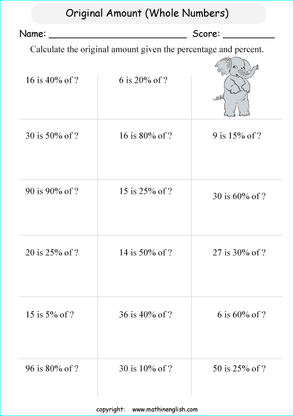 original amount percentage math worksheets for grade 1 to 6 