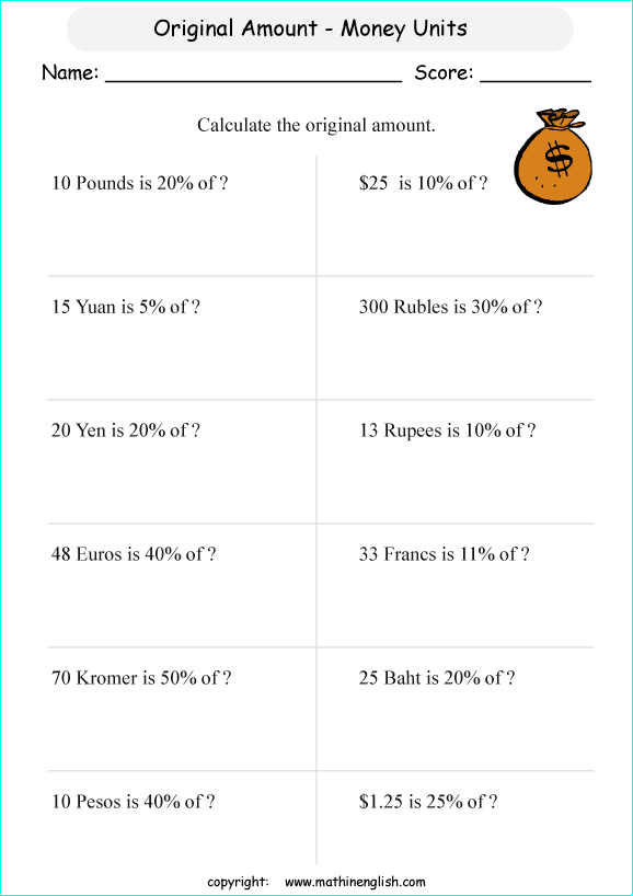 original amount percentage math worksheets for grade 1 to 6 