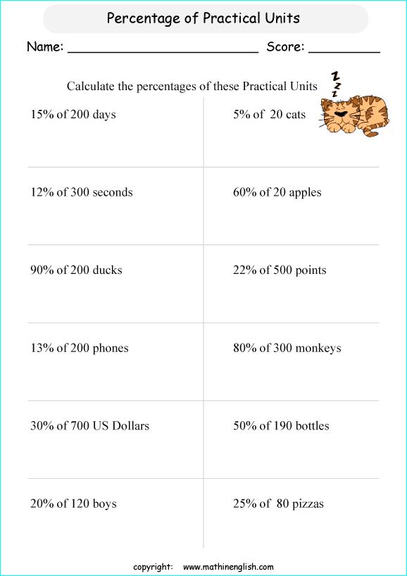 caculate percentage whole numbers math worksheets for grade 1 to 6 