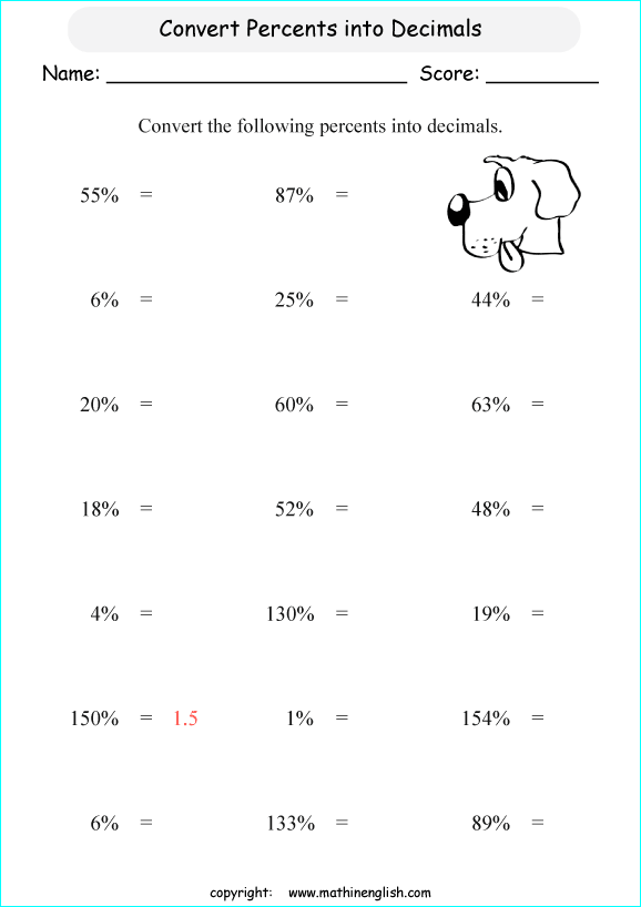 Convert basic percents in decimal worksheet for grade 5 math students