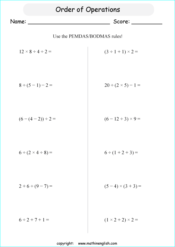 order of operations with positve integers and parentheses worksheets for grade 1 to 6 