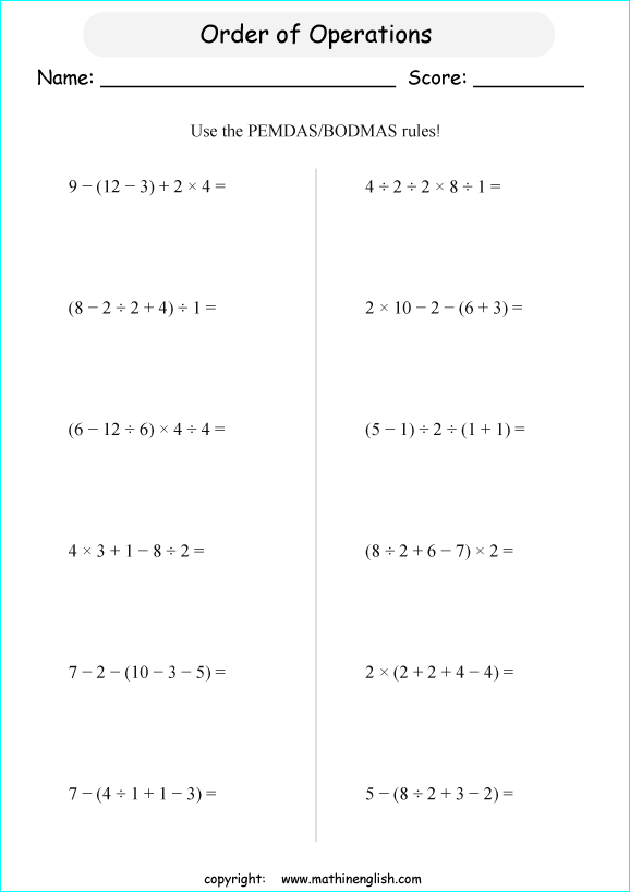 Solve These Operations With 5 Terms And 4 Operators Grade 5 Order Of Operation Worksheets With 