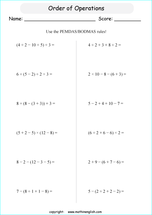 order of operations with positve integers and parentheses worksheets for grade 1 to 6 