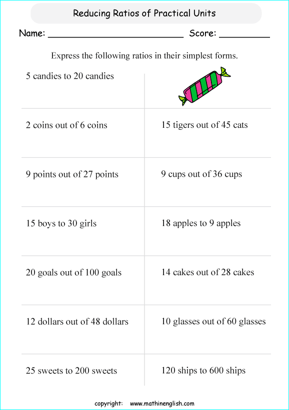 simplifying ratios math worksheets for grade 1 to 6 