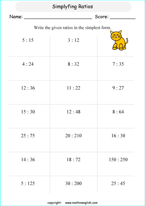 simplifying ratios math worksheets for grade 1 to 6 