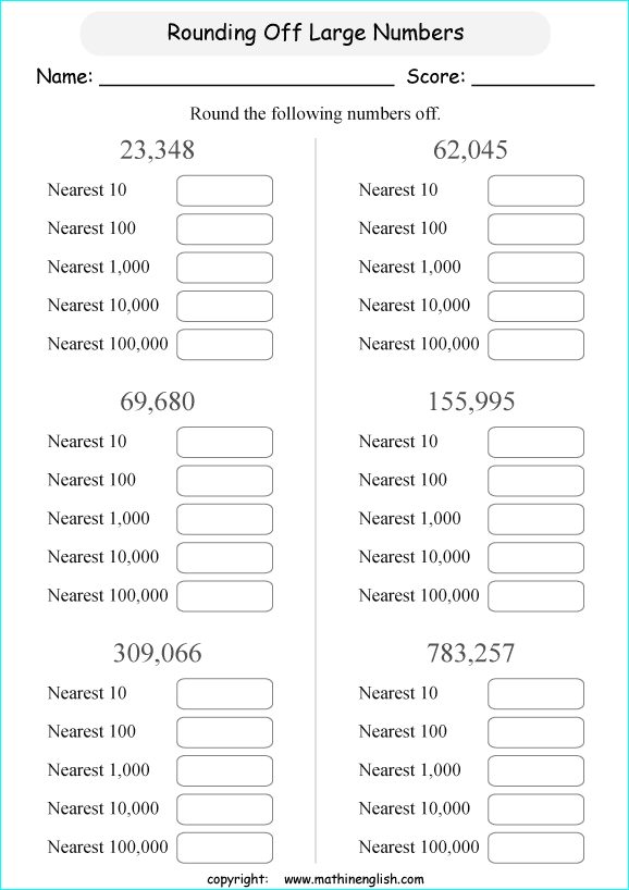 printable math rounding off big numbers worksheets for kids in primary and elementary math class 