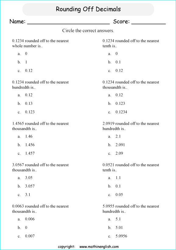 Math Multiple Choice Questions Worksheets
