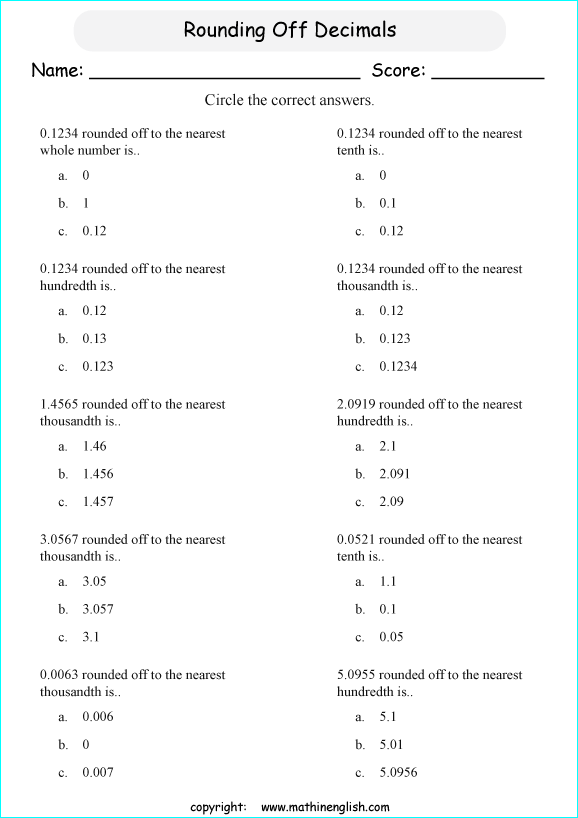 printable math rounding off decimals worksheets for kids in primary and elementary math class 