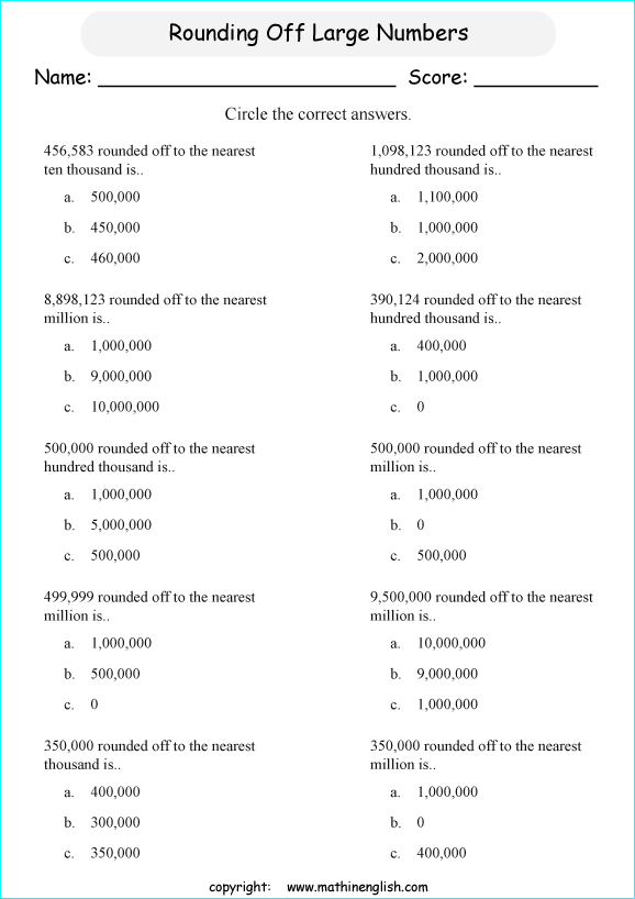 Answer These multiple choice Questions About Rounding Numbers Off To The Nearest Millions Grade 