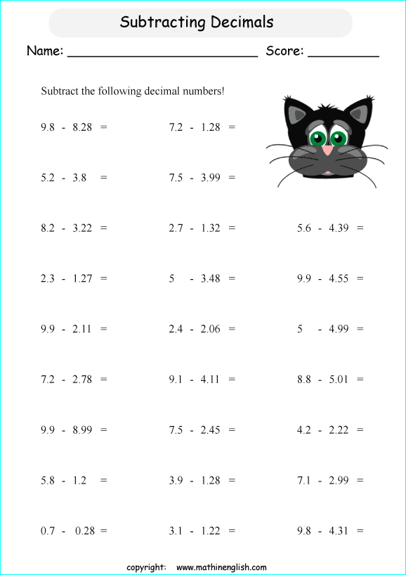 printable math decimal subtraction worksheets for kids in primary and elementary math class 