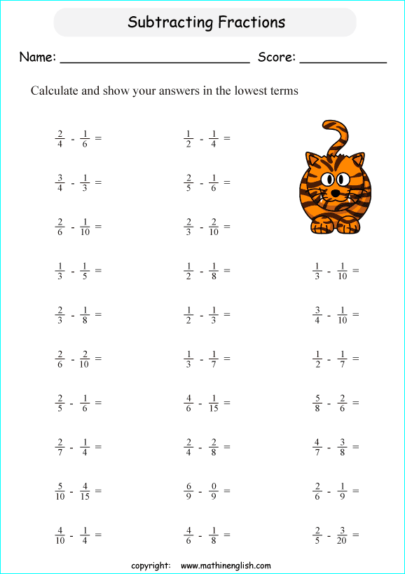 Grade 6 Subtraction Worksheet - adding subtracting fractions