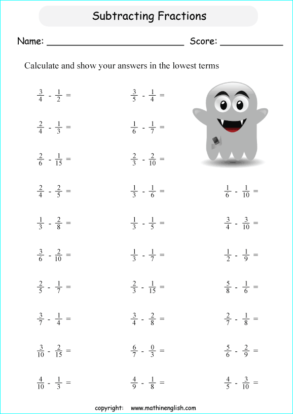 printable math unlike fraction subtraction worksheets for kids in primary and elementary math class 