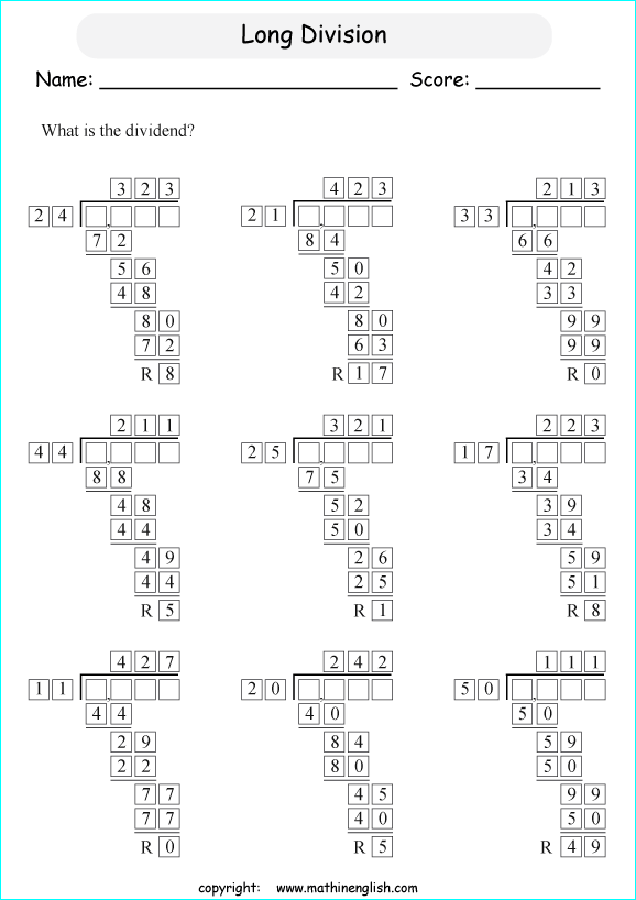 printable multiples big number long division worksheets for kids in primary and elementary math class 