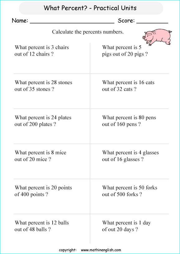 what percent math worksheets for grade 1 to 6 