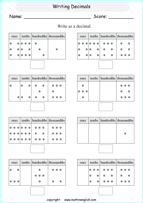 decimal spelling worksheets for grade 1 to 6 