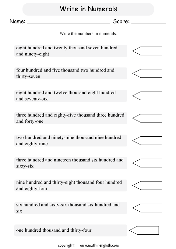 printable math writing and spelling large numbers worksheets